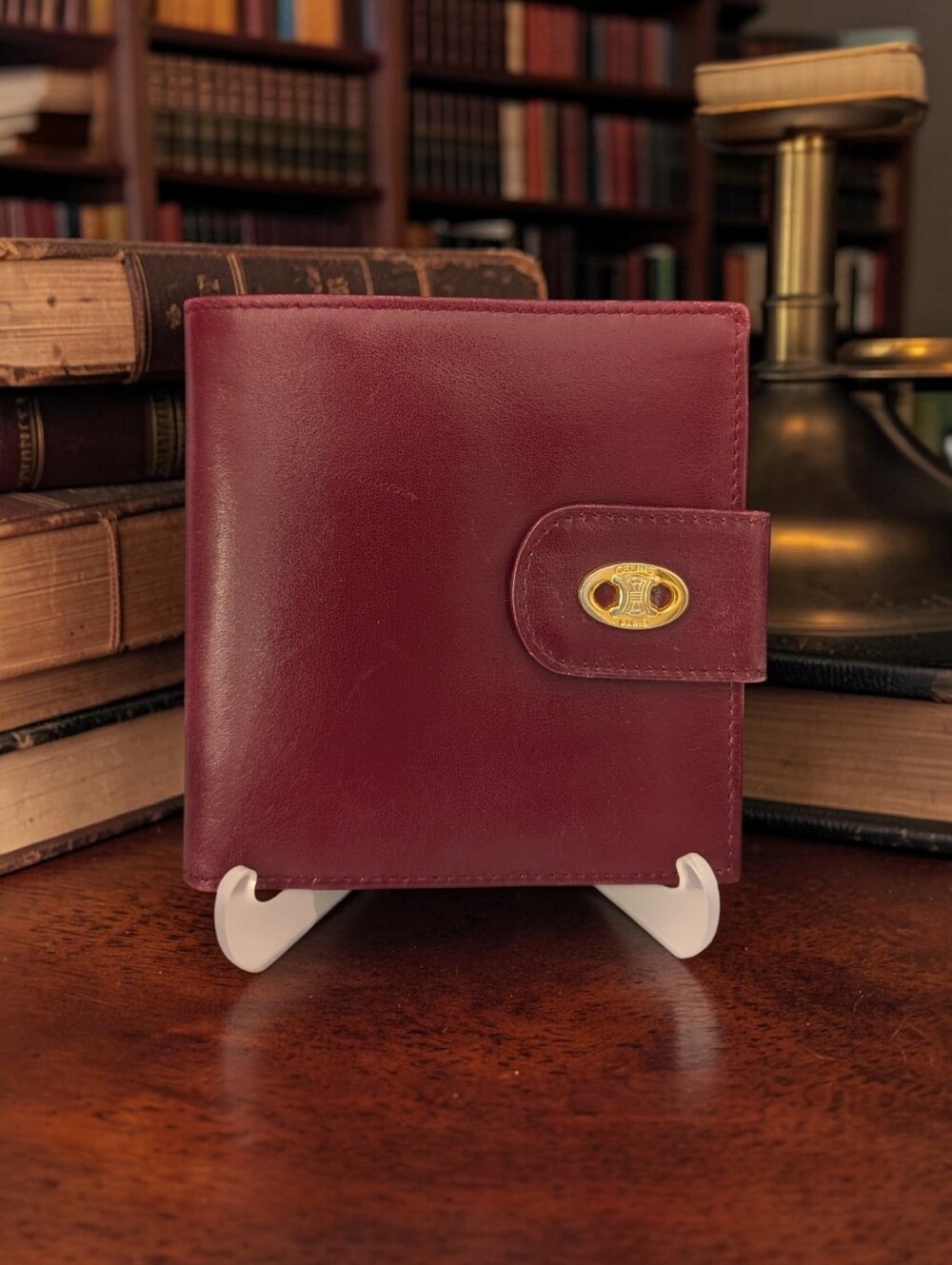 Vintage Celine Burgundy Leather Bifold Wallet Coin Pouch Gold Hardware